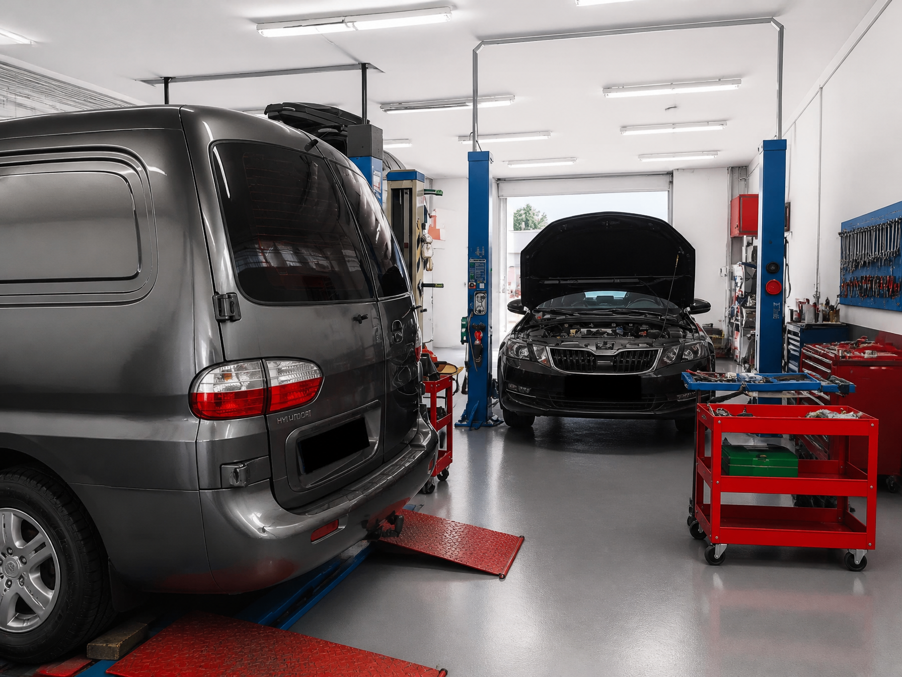 Autoservis s dodávkou na plošine a servisovaným osobným vozidlom.